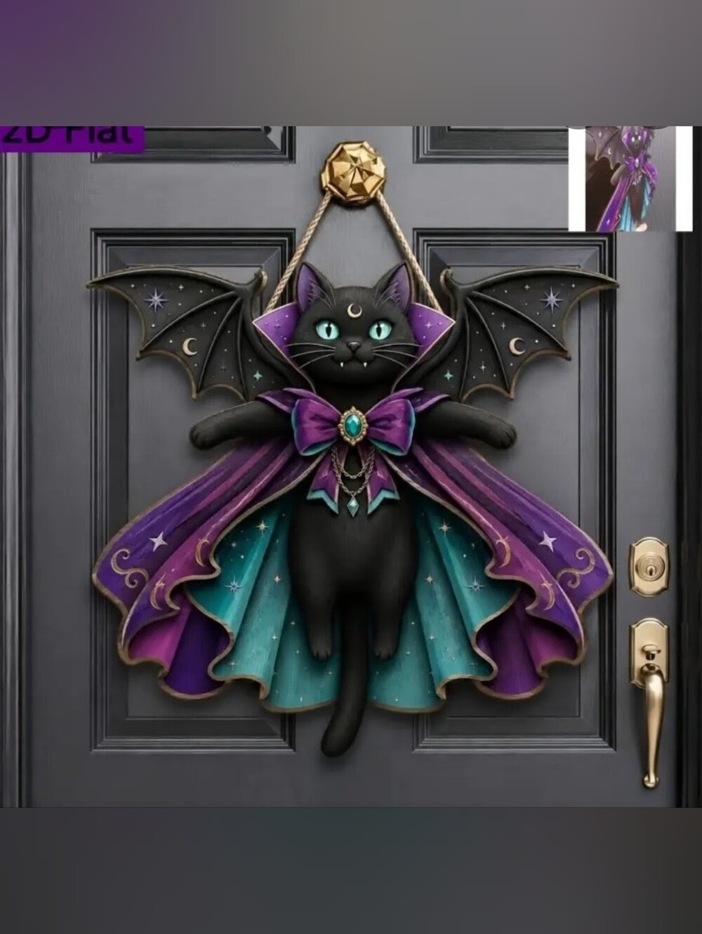 Black Cat Halloween Door Hanger with Purple & Teal Cape
